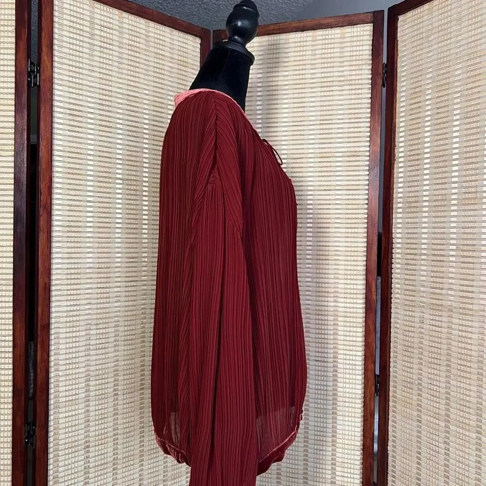 Free People Velvet Trim Pleated Blouse Top Brick Red Size L